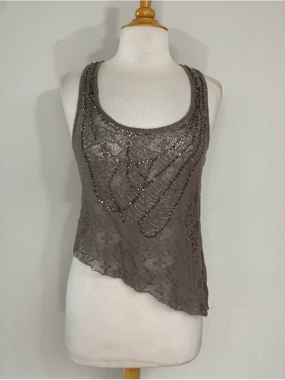 Willow & Clay Juniors Taupe Crochet Beaded Sleeveless Tank Top Boho Y2K Size S